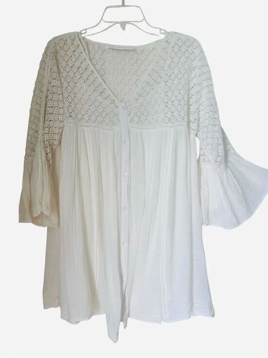 Zara Tops - Zara 100% Cotton Cream Crochet BohoTunic Flowy Bell Sleeve Cottagecore Blouse XS